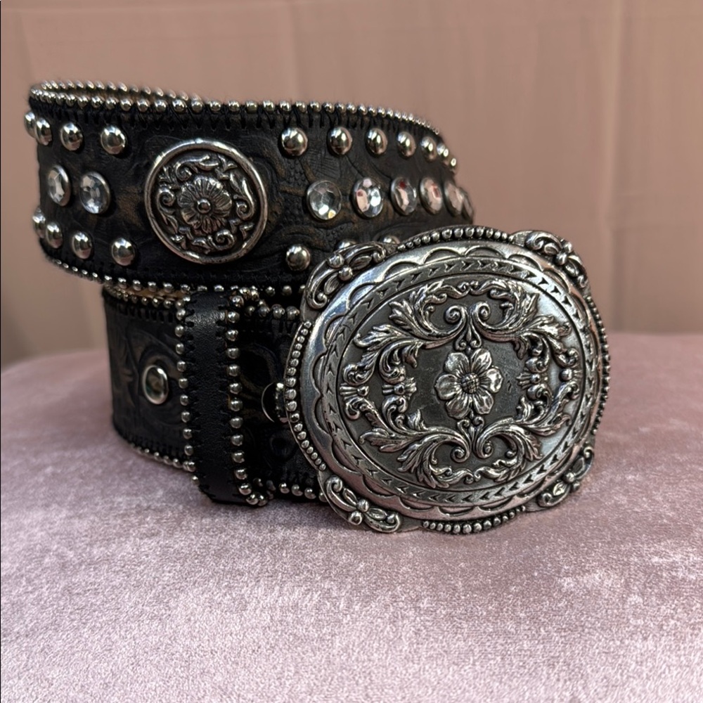 Bill Adler Design Leather Embossed Bedazzled Weathered Look Belt and Bold Buckle